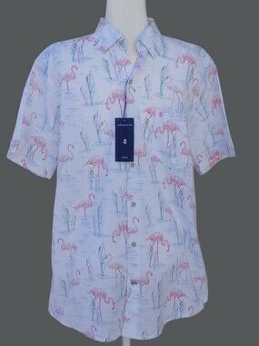IZOD Men’s White Flamingo Print Short Sleeve Cotton Shirt Large